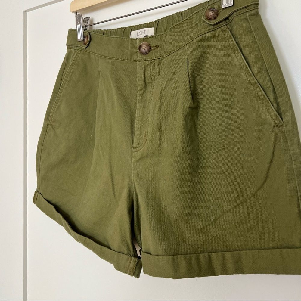 Loft Shorts Womens Size 8P Military Green High Waist Pockets Button Cotton - Picture 2 of 13